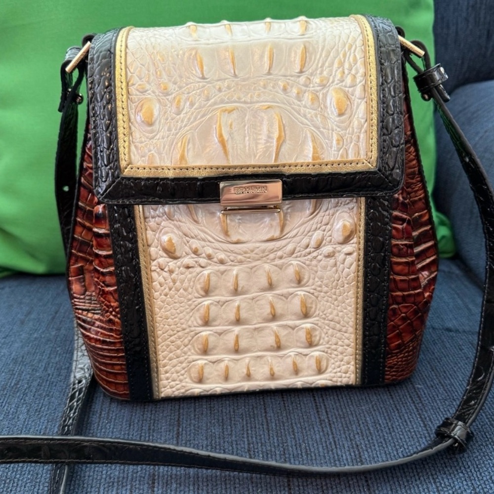 Brahmin Cream and Brown Crocodile Embossed Crossbody Bag